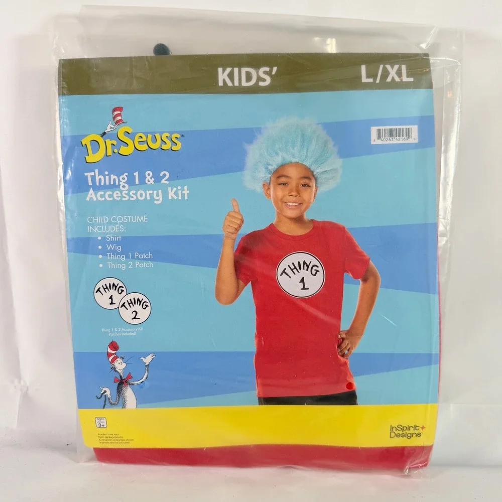 Dr Seuss Thing 1 & 2 Accessory Kit Costume Kids L XL Shirt Wig Patches NWT